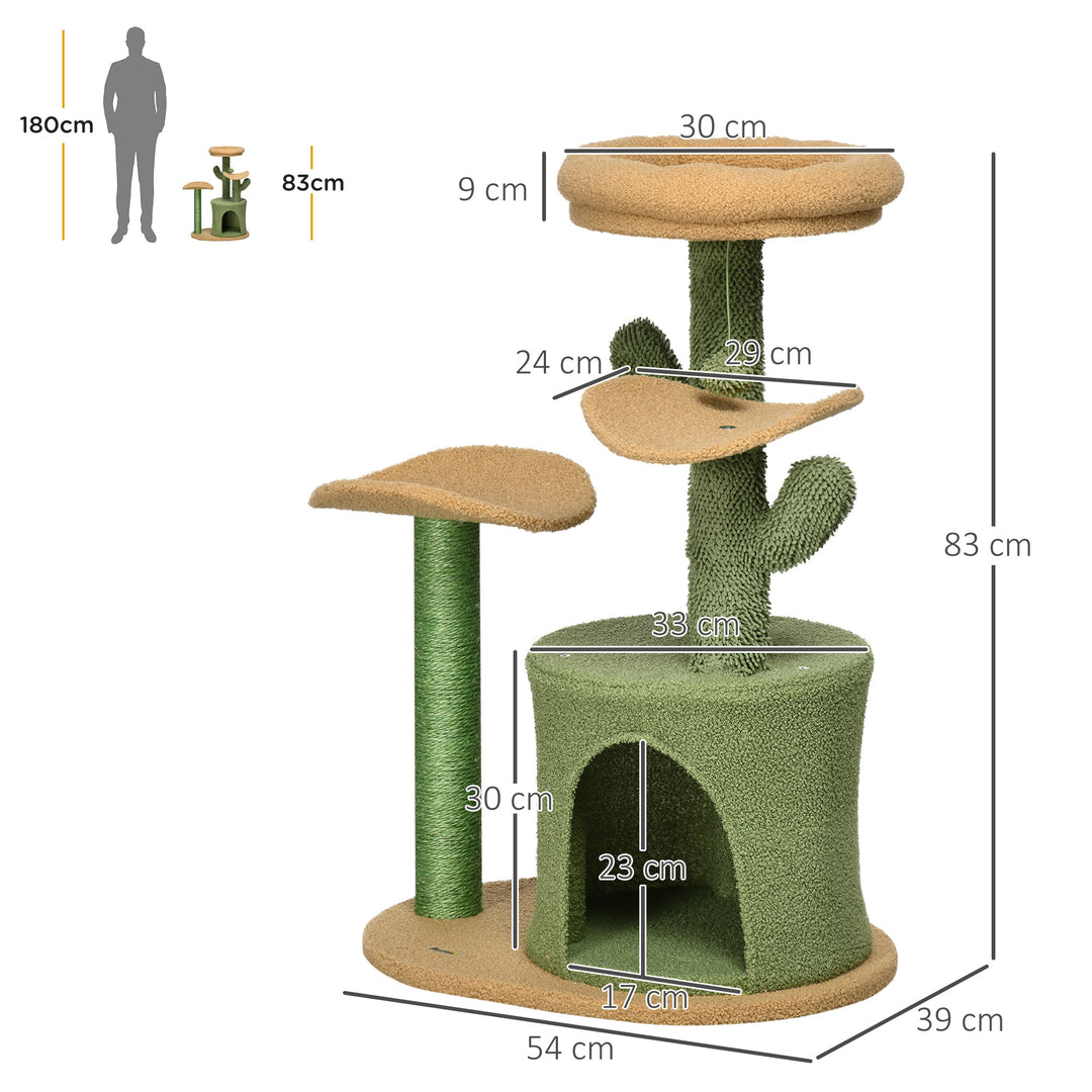 PawHut Cactus Cat Tree, 83cm Cat Climbing Tower, Kitten Activity Centre w/ Fleece House, Bed, Sisal Scratching Post & Hanging Ball, Green | Aosom UK