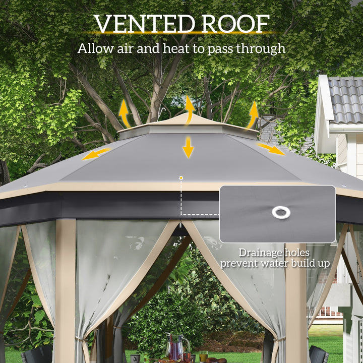 Hexagon Pop Up Gazebo Outdoor Patio Gazebo Double Roof Instant Shelter with Netting, 3 x 4m, Khaki