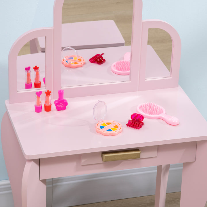 HOMCOM Kids Dressing Table with Mirror and Stool, Kids Vanity Set, Girl Makeup Desk with Drawer for 3