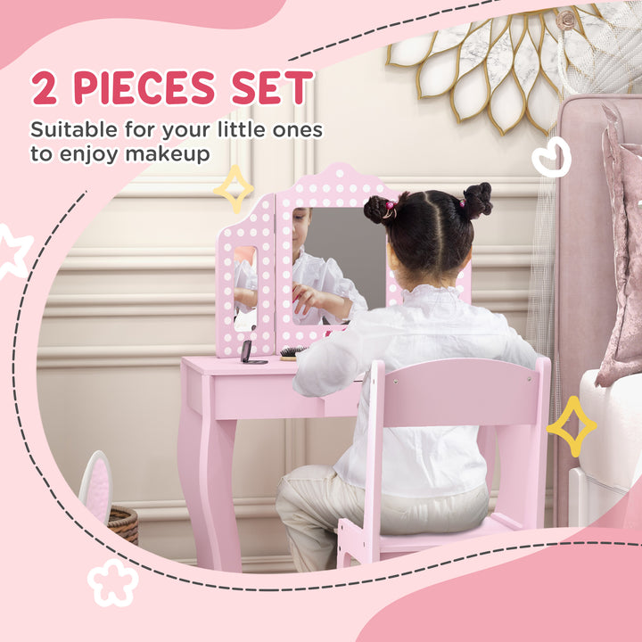 AIYAPLAY Kids Dressing Table Sets with Stool and Tri-Fold Mirror, Drawer for Playroom, Bedroom - Pink | Aosom UK