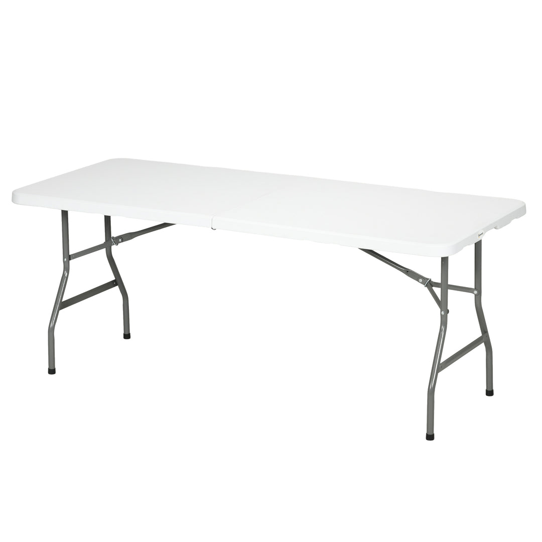 Folding Garden Table, 180 x 75cm Rectangular HDPE Outdoor Picnic Table for 6, Metal Frame for Patio, Park, White