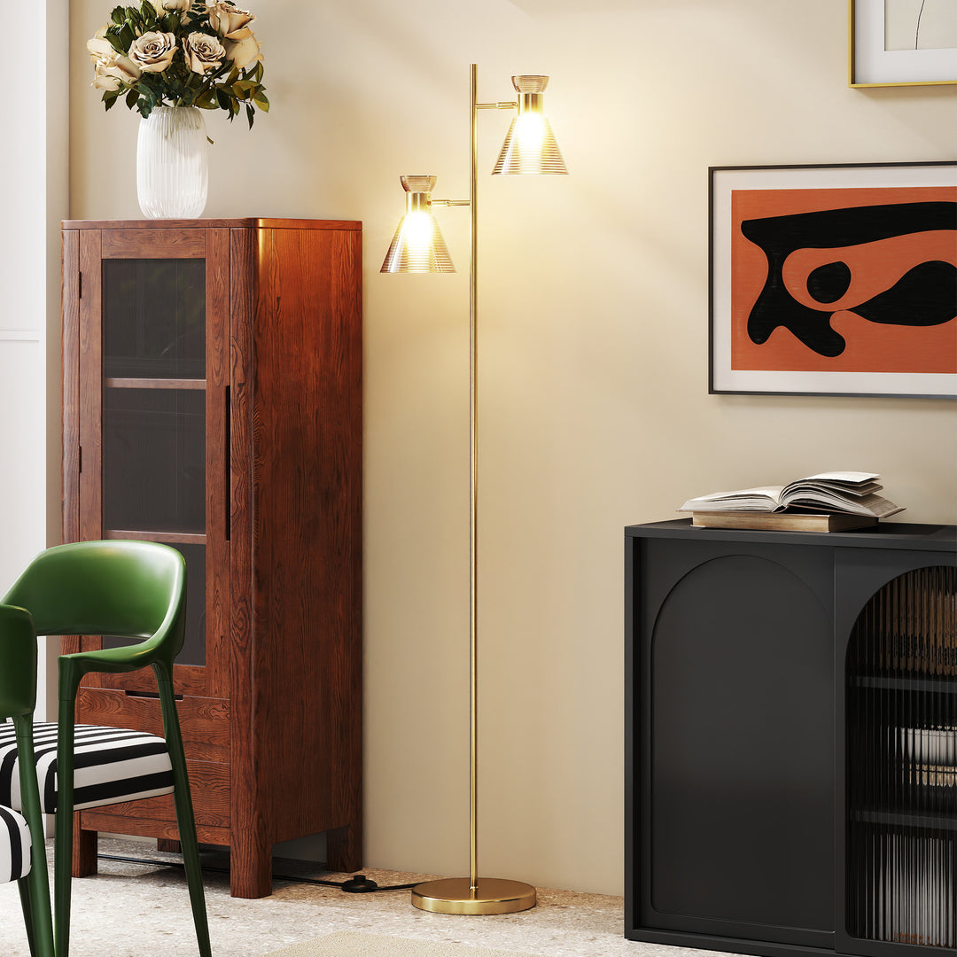 MCL Floor Lamp with Adjustable Dual Head, Modern Standing Lamp with Floral Glass Shades and Foot Switch for Living Room Bedroom, E27 Socket, Bulb Not Included, Gold Tone