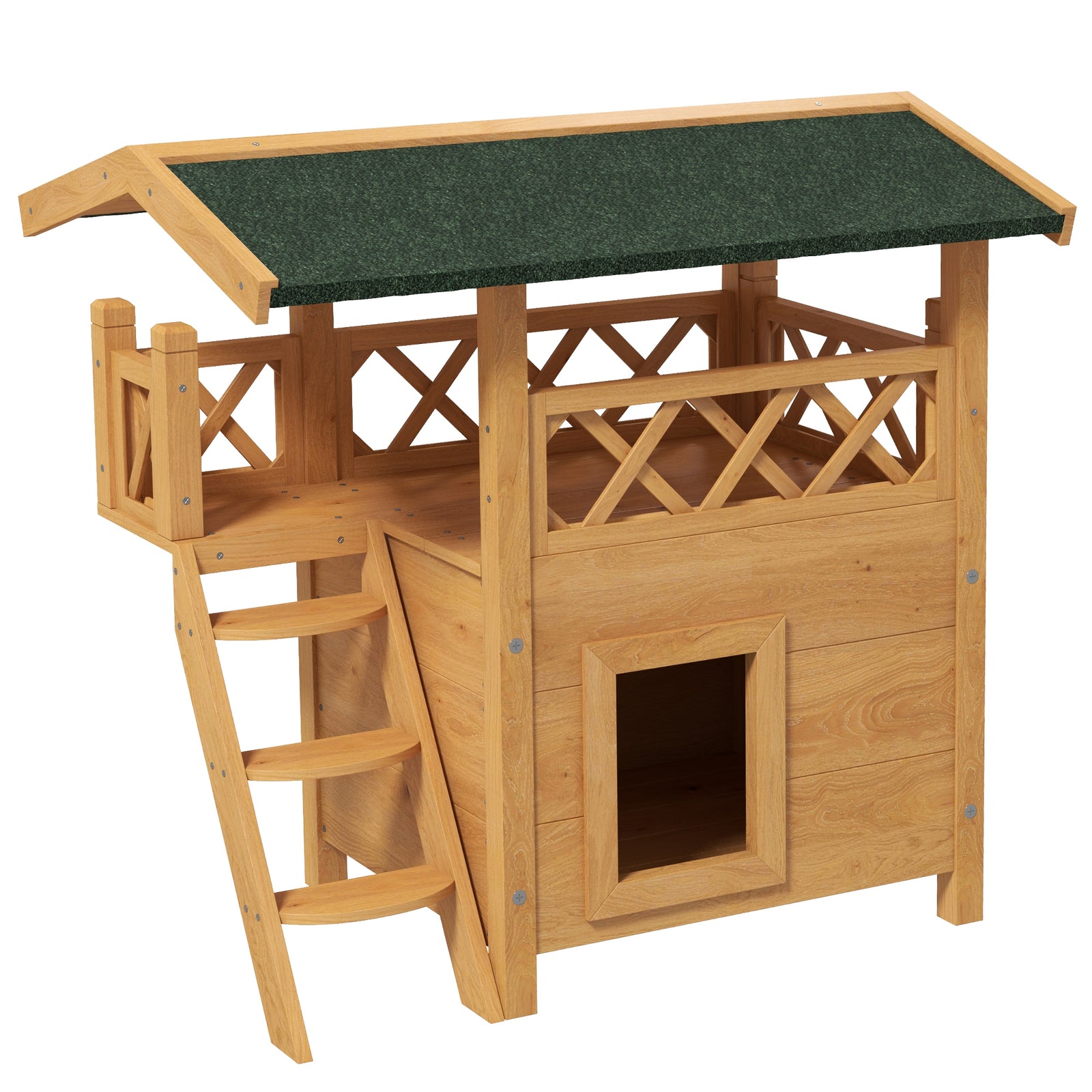 Cat House Outdoor w/ Balcony Stairs Roof, 77 x 50 x 73 cm, Natural Wood Finish