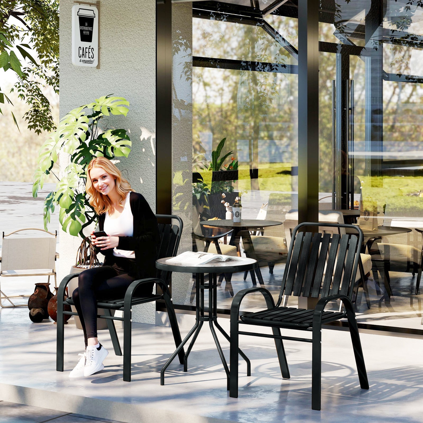 3 Pieces Patio Bistro Set with Stackable Chairs, Tempered Glass Table, for Outdoor, Balcony, Patio, Garden Charcoal Grey