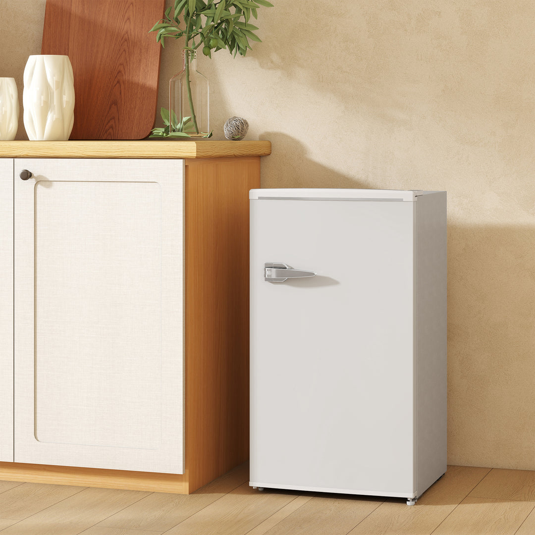 Under Counter Fridge, 85L Small Retro Refrigerator with Chiller Box, Adjustable Thermostat, Glass Shelves, White