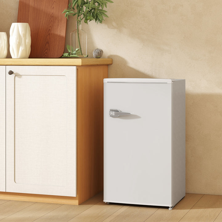 Under Counter Fridge, 85L Small Retro Refrigerator with Chiller Box, Adjustable Thermostat, Glass Shelves, White