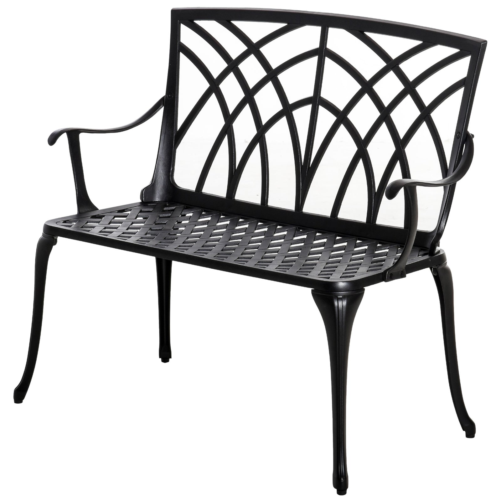 2-Seater Cast Aluminium Garden Bench Loveseat Outdoor Furniture Chair w/ Decorative Backrest & Ergonomic Armrest for Patio Terrace Porch