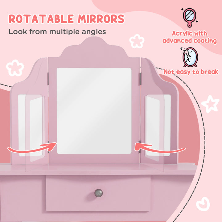 HOMCOM Kids Vanity Table and Chair Set with Tri-Folding Mirror and Stool, Makeup Dressing Table with Drawer, Pink