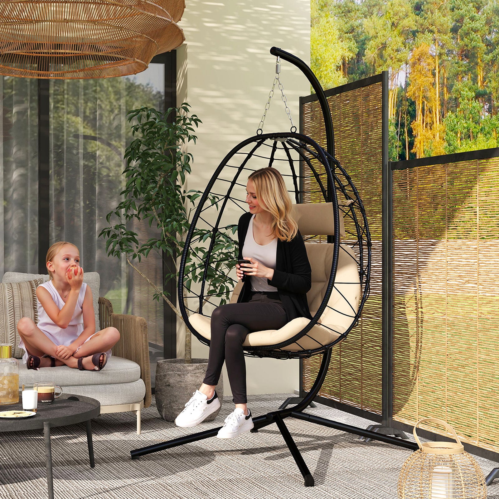 Hanging Egg Chair Outdoor Indoor Garden Swing Chair with Folding Basket, Thickened Cushion, Garden Hanging Chair with Stand, Headrest for Patio, Balcony, Khaki
