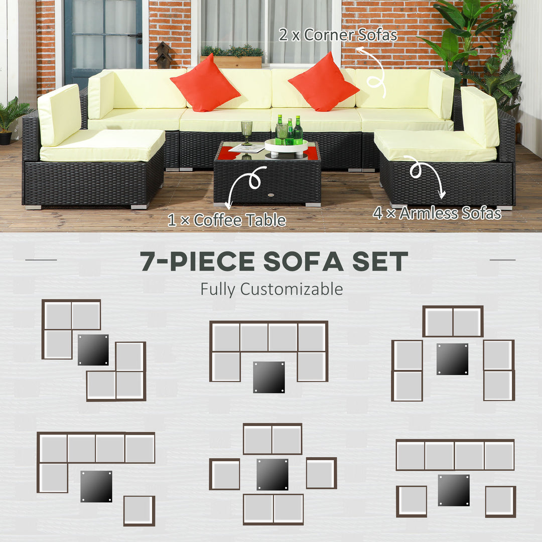 Outsunny 7 Pieces PE Rattan Garden Furniture Set w/ Thick Padded Cushion, Patio Garden Corner Sofa Sets w/ Glass Coffee Table and Pillows