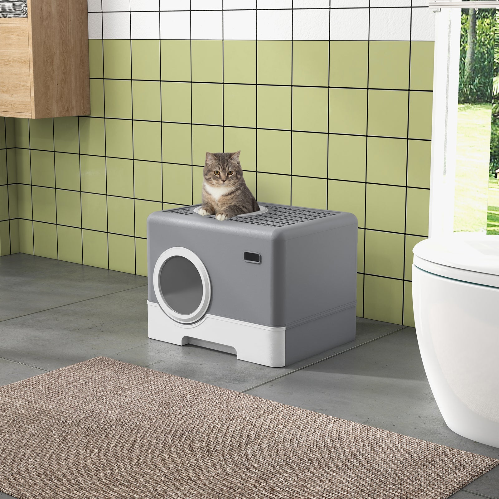 Enclosed Cat Litter Box, with Lid, Front Entry, Top Exit, Pull-Out Tray, Scoop - Grey
