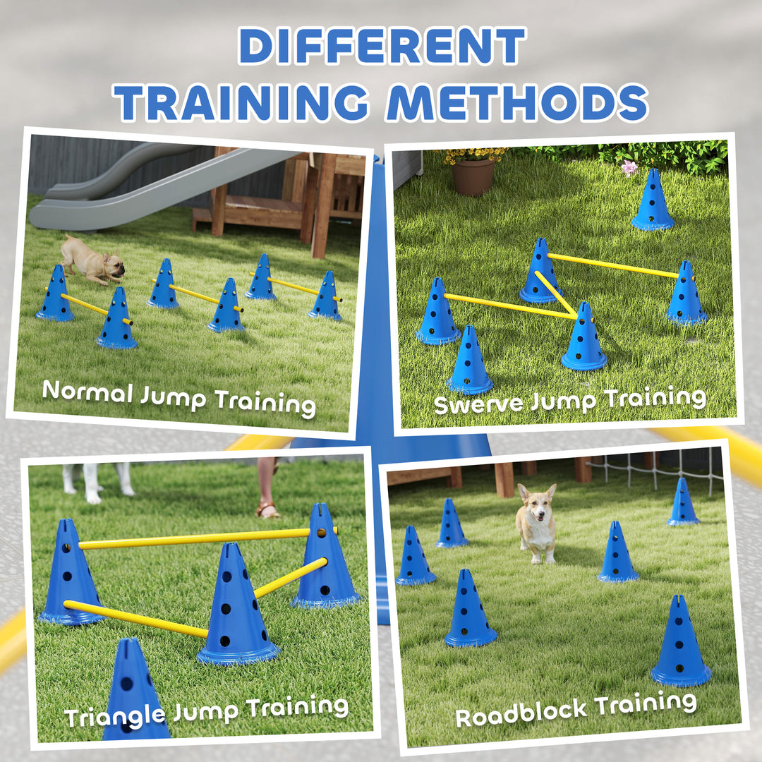Dog Agility Equipment Set of Six Cones, Six Poles with Carry Bag, Three-Piece Adjustable Height Jumping Obstacles, Blue