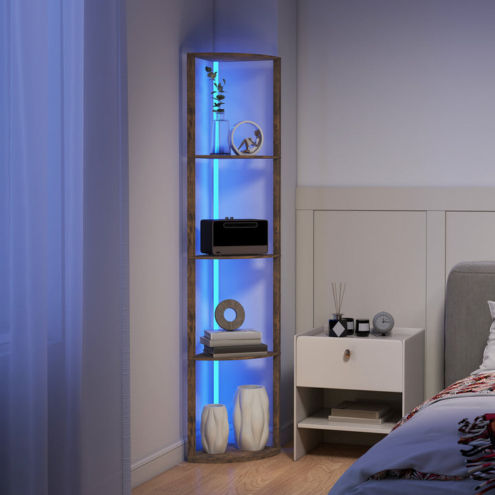 RGB LED Floor Lamp with Shelves, 5-Tier Dimmable Standing Lamp with Adjustable Brightness and Remote Control, Modern Corner Display Shelf Unit for Living Room Bedroom Office, Rustic Brown