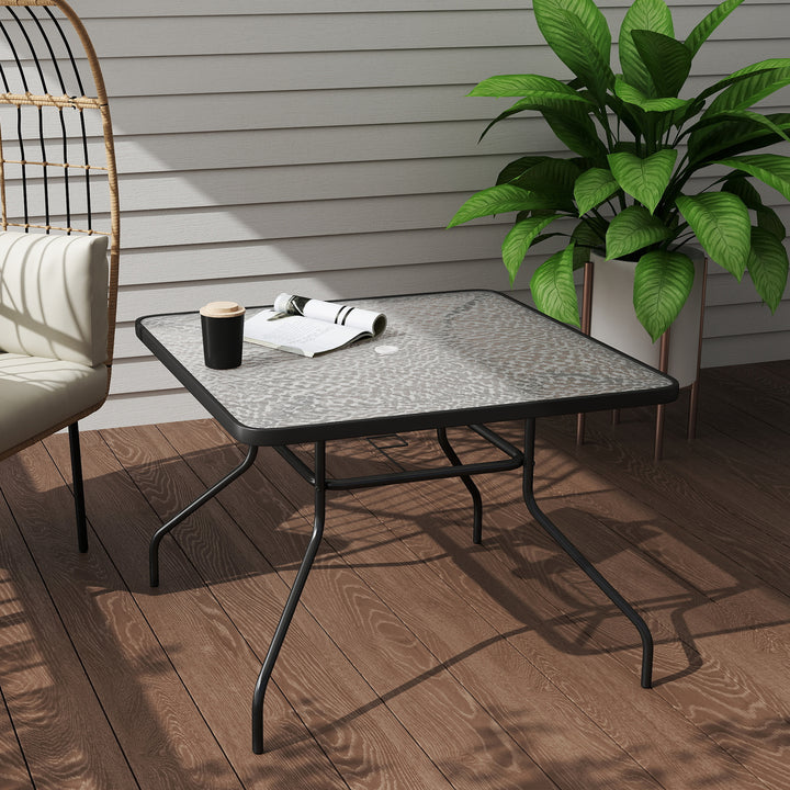 Square Garden Dining Table with Tempered Glass Top & Umbrella Hole, 100 x 100 cm