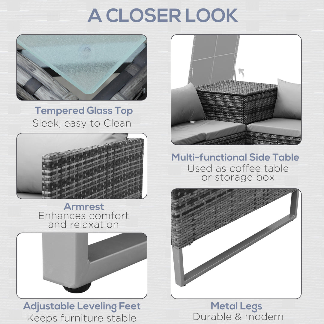 MCL 4pc Garden Rattan Wicker Outdoor Furniture Patio Corner Sofa Love Seat and Table Set  with Cushions Side Desk Storage, Mixed Grey