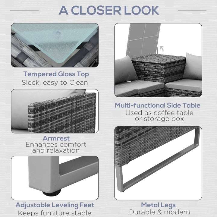 MCL 4pc Garden Rattan Wicker Outdoor Furniture Patio Corner Sofa Love Seat and Table Set  with Cushions Side Desk Storage, Mixed Grey