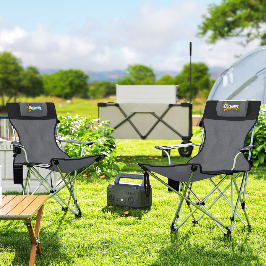 Set of 2 Reclining Folding Camping Chair w/ Detachable Footrest, Storage Bag, Cup Holder & Headrest, Lightweight Portable Camp Chair for Beach, Picnic, Grey and Black
