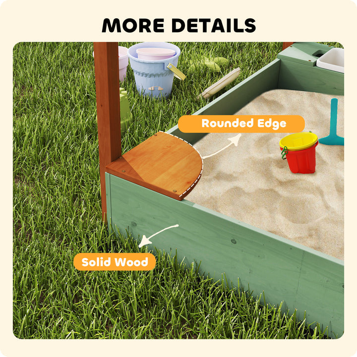 AIYAPLAY Wood Sandpit with Canopy, Storage Bins, Funnel, Liner, Chutes, Bucket with Tap, 116 x 112.5 x 128 cm, Green