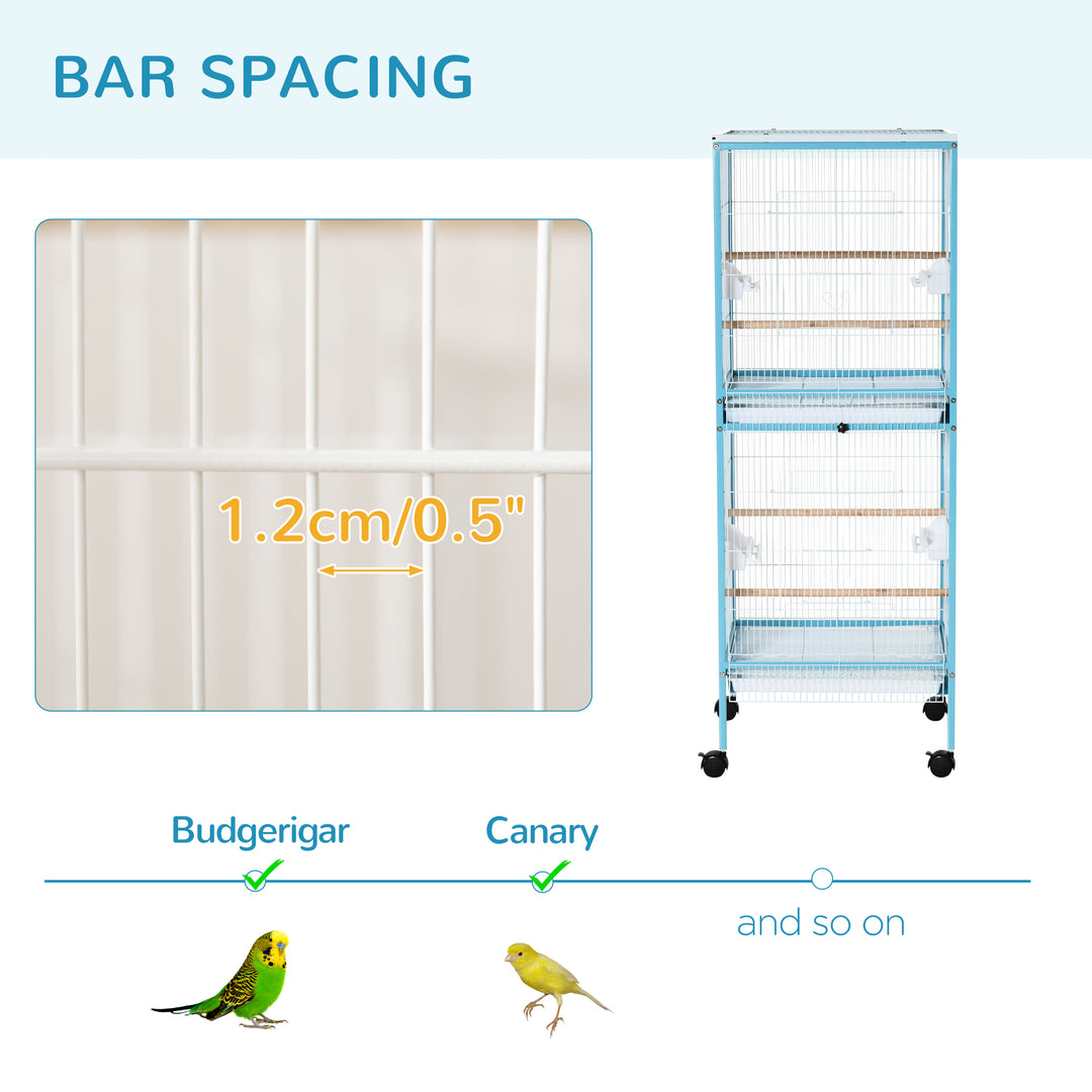 PawHut 2-In-1 Large Bird Cage Aviary, Mobile, Slide-out Trays, Wooden Perch, Feeding Bowls, for Finches Canaries Budgies, Sky Blue | Aosom UK