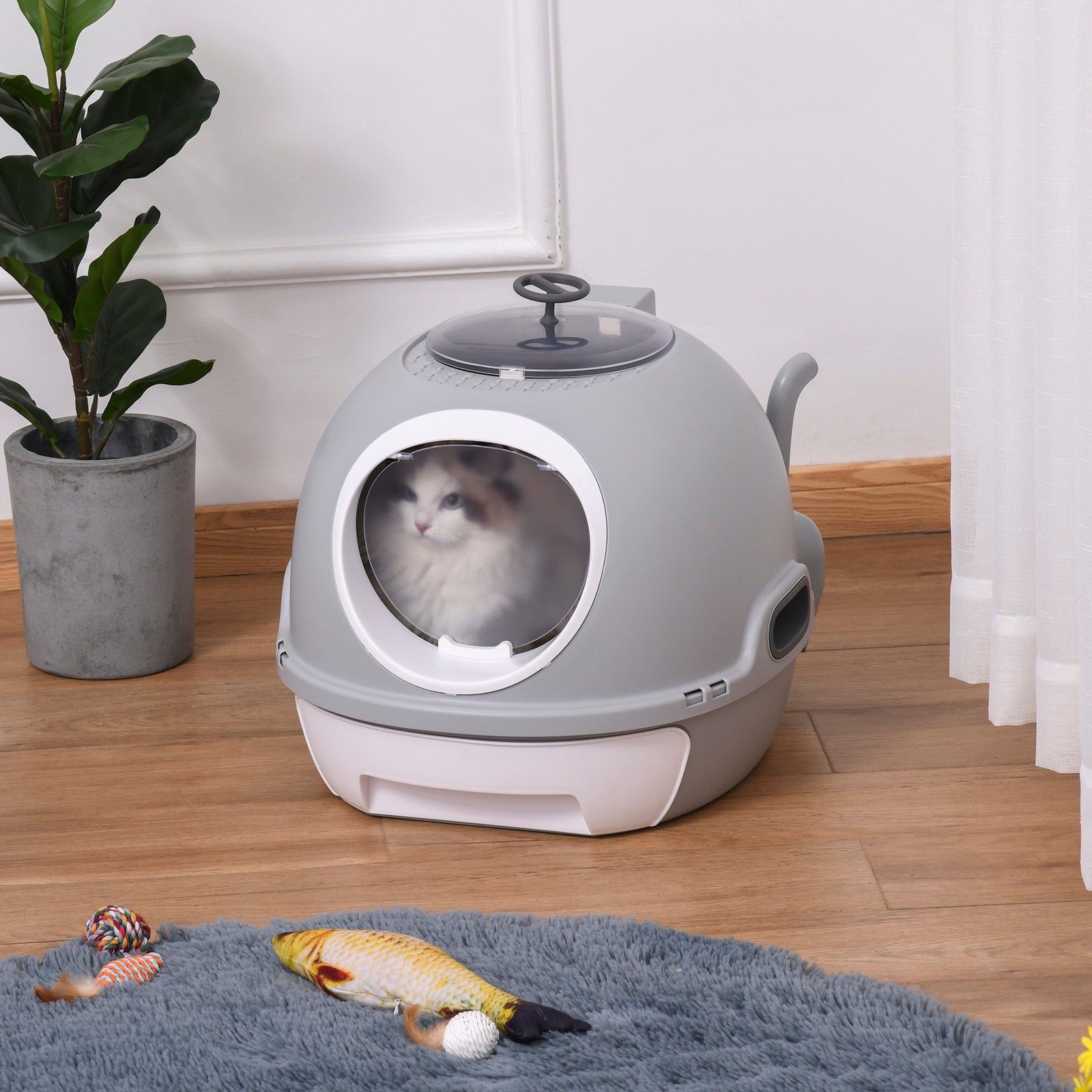 Cat Litter Box Toilet with Litter Scoop Enclosed Drawer, Front Entry Top Exit, Easy To Clean Grey