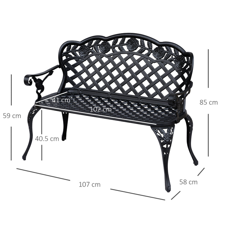 Outsunny Cast Aluminium Garden Bench Outdoor Patio 2 Seater High Back Chair Armrest Antique Style Black