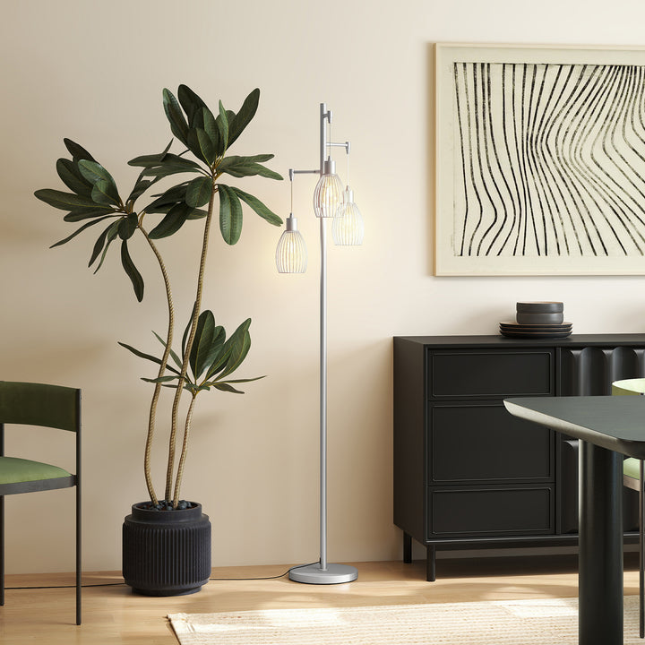3-Light Floor Lamp, 170cm Industrial Dimmable Standing Lamp with Steel Wire Cage Lampshades for Living Room, Bedroom, Dining Room, Study, Silver Tone
