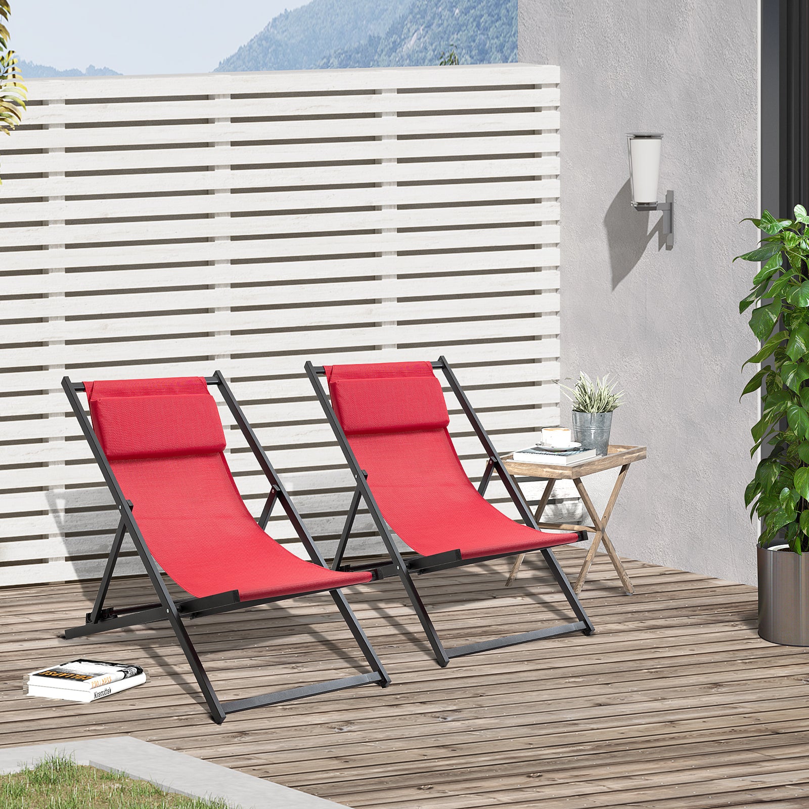 Set of 2 Folding Garden Beach Aluminium Frame Deck Chairs Deckchairs Seaside Folding Garden Patio Lounger, Red