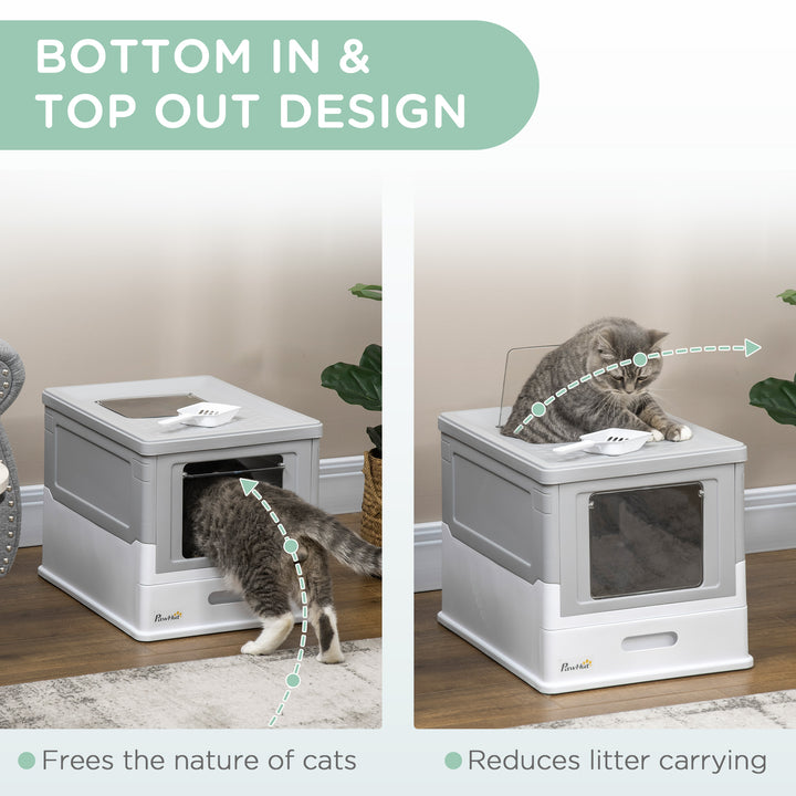 Hooded Cat Litter Box, Portable Pet Toilet, with Scoop, Front Entry - Grey