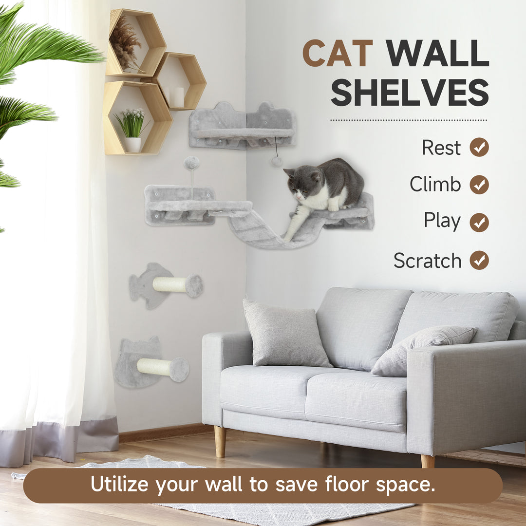 4-Piece Cat Wall Shelves with Steps, Ladder, Jumping Platforms, Light Grey