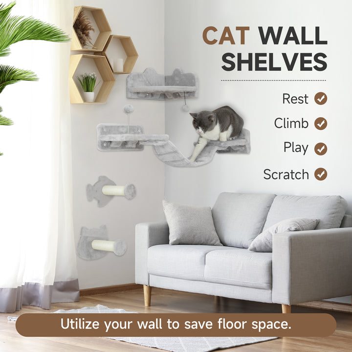 4-Piece Cat Wall Shelves with Steps, Ladder, Jumping Platforms, Light Grey