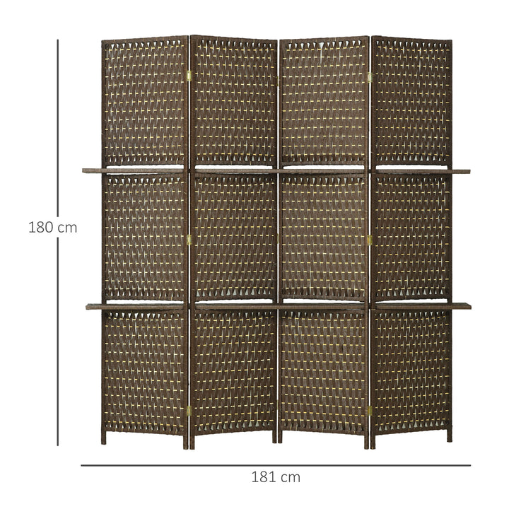 4-Panel Room Dividers with Shelves, Wave Fibre Freestanding Folding Privacy Screen Panels, Partition Wall Divider for Indoor Bedroom Office, 180 cm, Brown