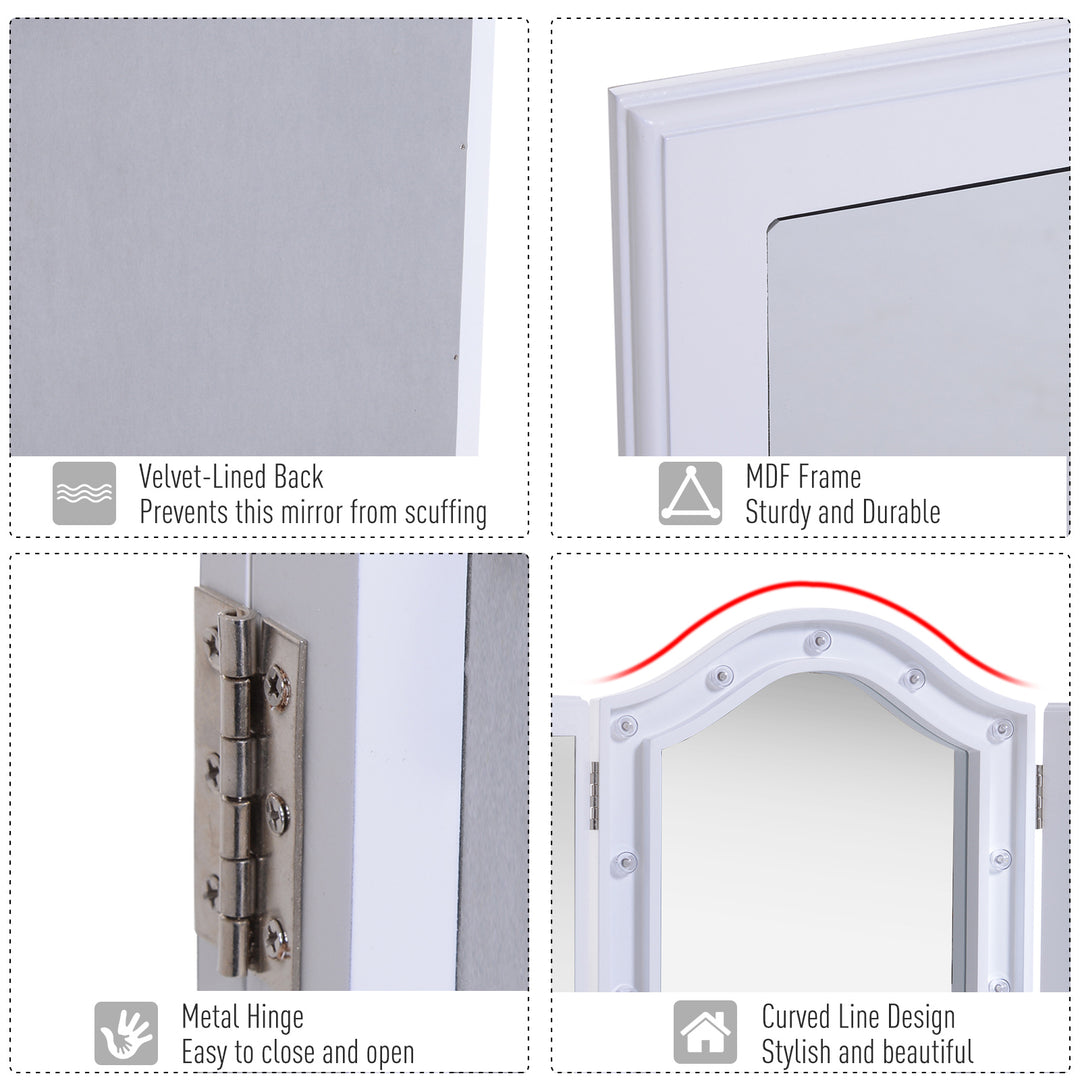 MCL Trifold Freestanding Mirror, Lighted Tabletop Vanity Mirror Large Cosmetic w/16 LED Lights powered by batteries Foldable For Bedroom- White