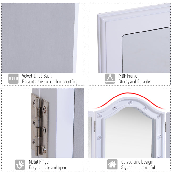 MCL Trifold Freestanding Mirror, Lighted Tabletop Vanity Mirror Large Cosmetic w/16 LED Lights powered by batteries Foldable For Bedroom- White