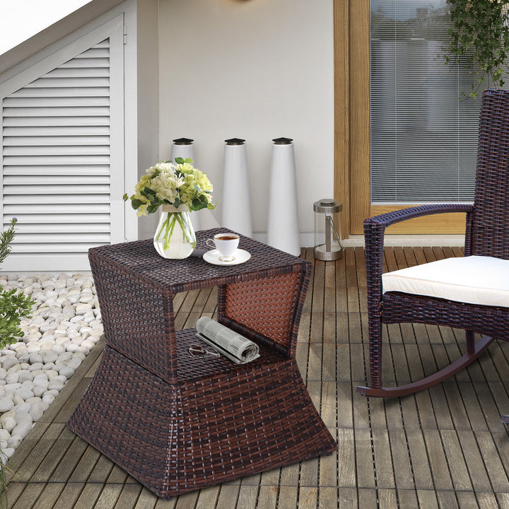 Outsunny Outdoor Patio Rattan Wicker Coffee Table Bistro Side Table w/ Umbrella Hole and Storage Space, Brown | Aosom UK