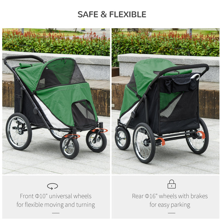 PawHut Foldable Pet Stroller with Washable Cushion, Storage Bags, Safety Leash for Medium and Large Dogs Cats Travel, Dark Green