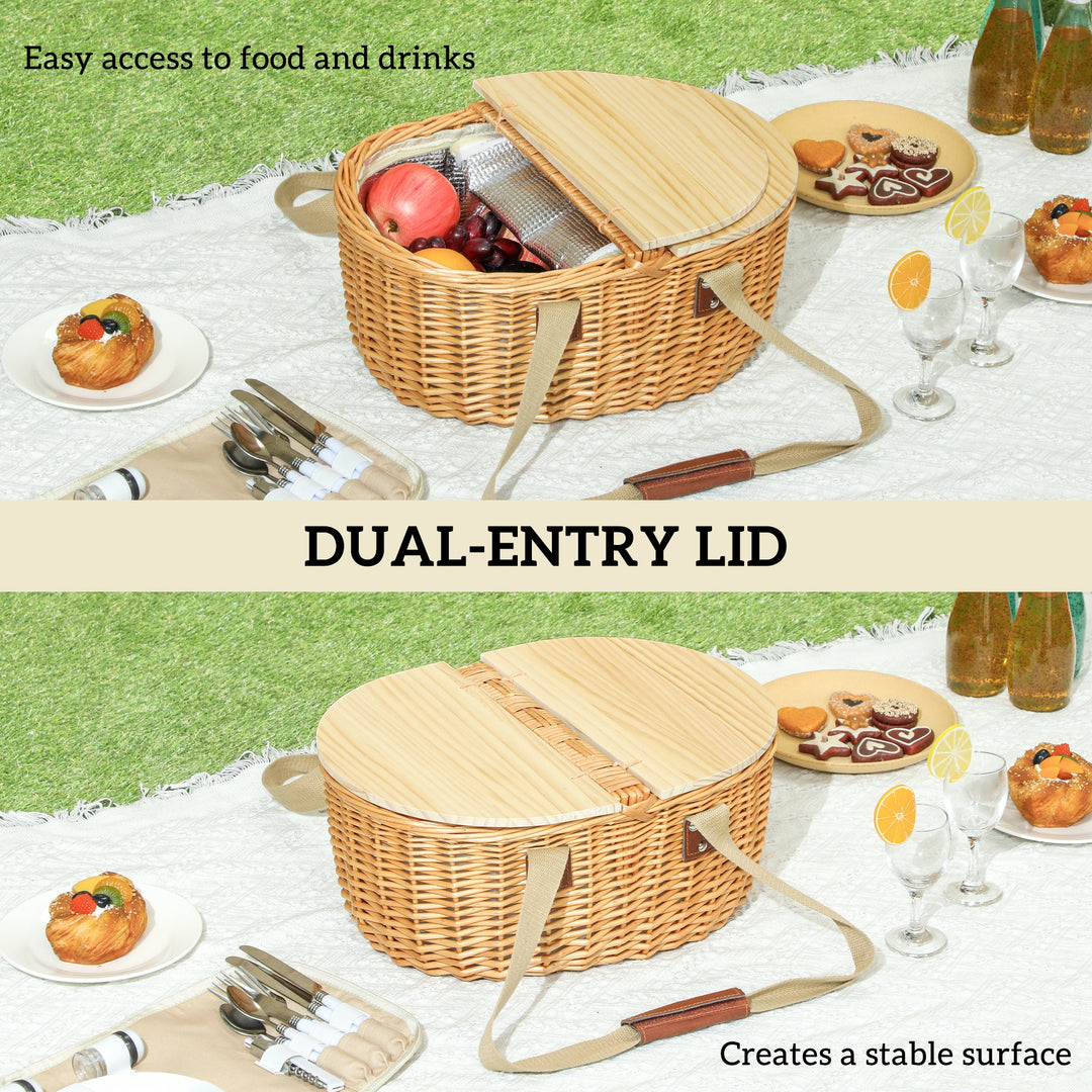 Wicker Picnic Basket for 2 with Pine Wood Lid, Picnic Hamper with Cooler Compartment, Cutlery Service Kits, Carry Handle for Camping, Outdoor, Valentine Day, Chirtmas, Birthday, Light Brown