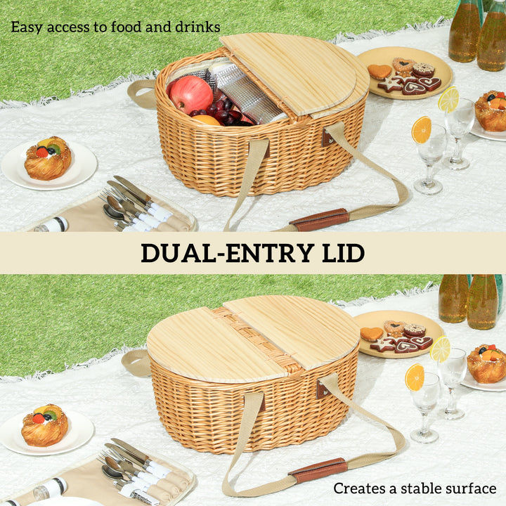 Wicker Picnic Basket for 2 with Pine Wood Lid, Picnic Hamper with Cooler Compartment, Cutlery Service Kits, Carry Handle for Camping, Outdoor, Valentine Day, Chirtmas, Birthday, Light Brown