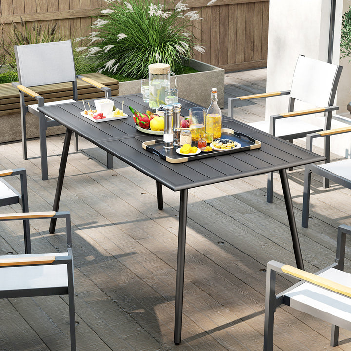 Rectangle Garden Table with Slat Top, Steel Frame, Outdoor Table for 6 Person, 150 x 80 x 74 cm, Grey