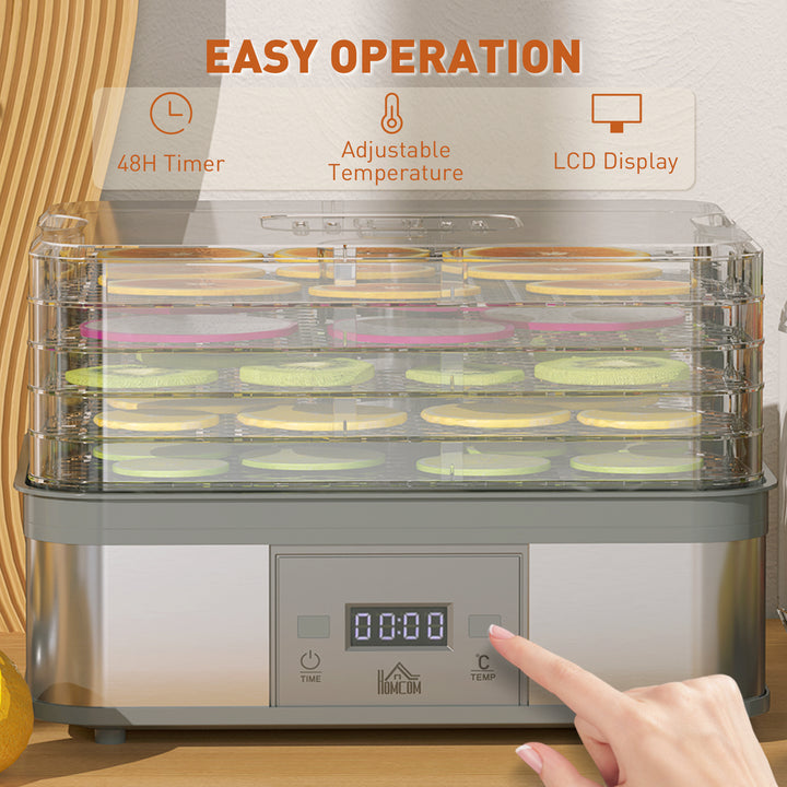 HOMCOM Food Dehydrator 5 Tier Dehydrator Machine, 245W Stainless Steel Food Dryer Machine w/ Adjustable Temperature, Timer & LCD Display | Aosom UK