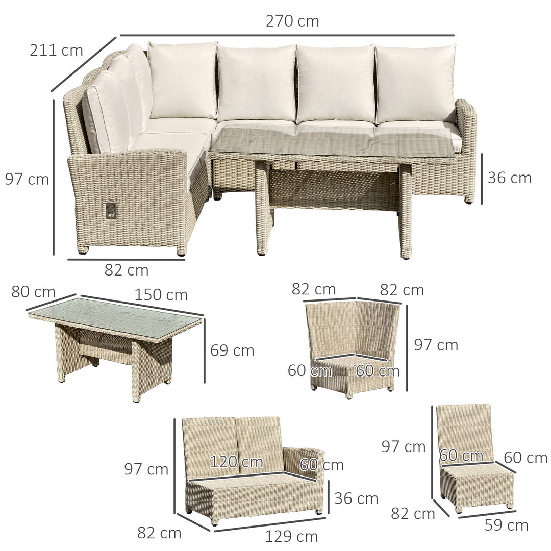5 PCS Reclining PE Rattan Garden Dining Set Bonzer Patio Furniture w/ Sofa Chairs Glass Table, Olefin Cushions Adjustable Feet Stylish Lounge Conversation