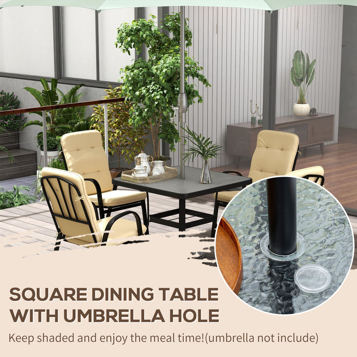 Outsunny 5 Pieces Outdoor Square Garden Dining Set w/ Tempered Glass Dining Table 4 Cushioned Armchairs, Umbrella Hole, Beige