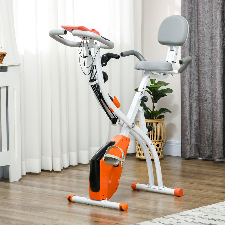 HOMCOM 2-in-1 Upright Exercise Bike Stationary Foldable Magnetic Recumbent Cycling with Arm Resistance Bands Orange | Aosom UK