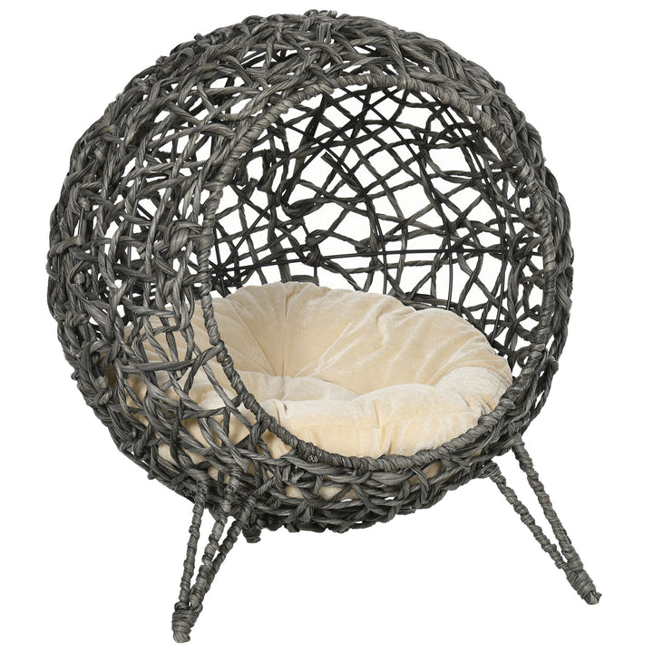 PawHut Rattan Elevated Cat Bed: Cosy Ball-Shaped Kitten Abode with Removable Cushion, Silver-Tone and Grey | Aosom UK