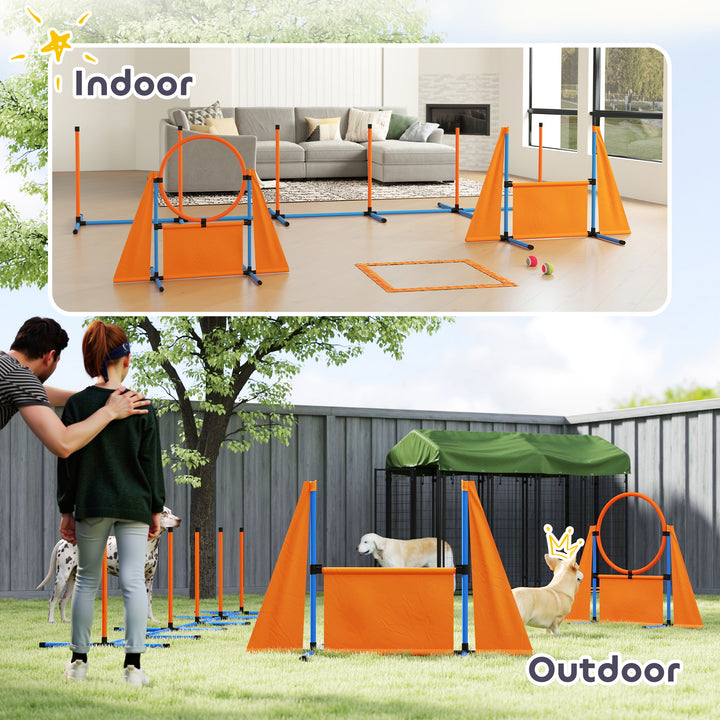 Seven-Piece Dog Agility Equipment Set with Weave Poles, Jump Ring, Hurdle, Pause Box, Carry Bag, Orange