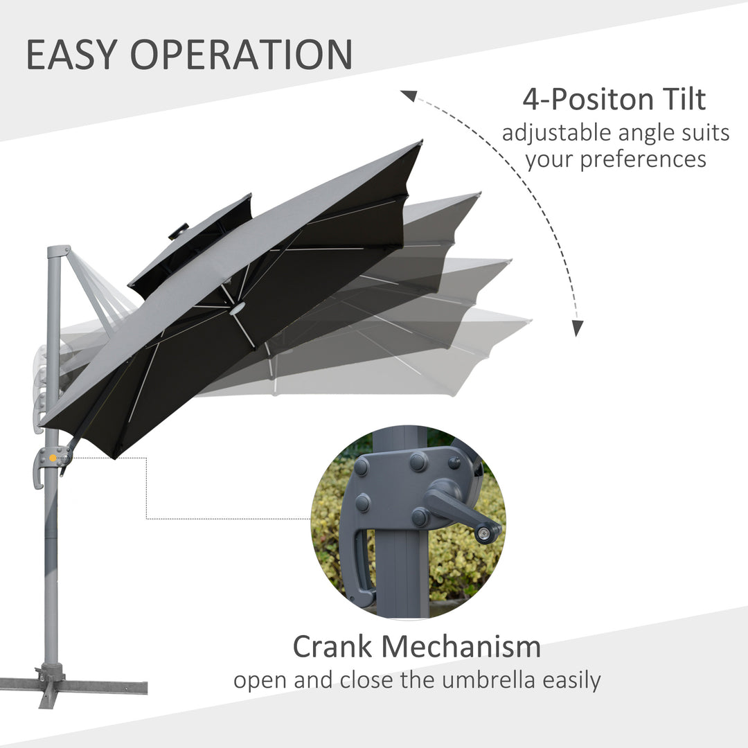 3m Cantilever Parasol, Outdoor Offset Patio Umbrella, Solar LED Lighted Hanging Sun Shade Canopy with Tilt and Crank Handle, Cross Base for Lawn, Beach and Poolside, Grey