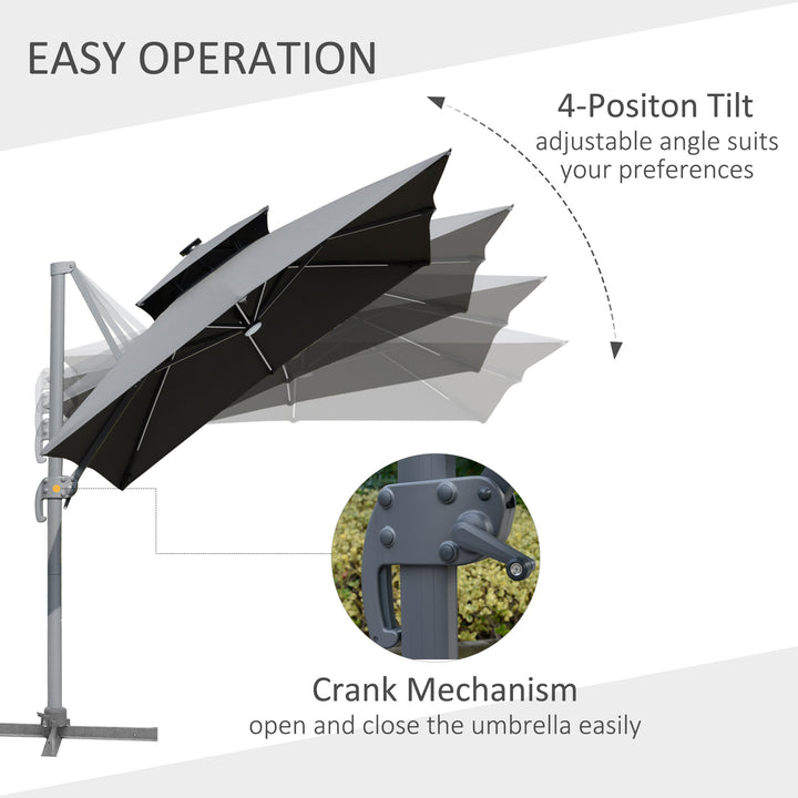 3m Cantilever Parasol, Outdoor Offset Patio Umbrella, Solar LED Lighted Hanging Sun Shade Canopy with Tilt and Crank Handle, Cross Base for Lawn, Beach and Poolside, Grey