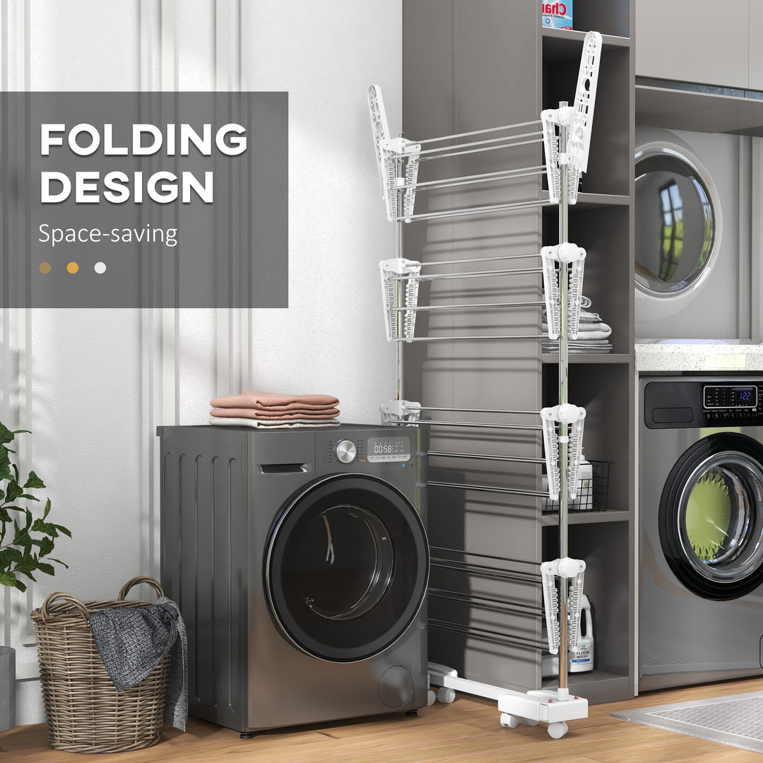 Four-Shelf Collapsing Clothes Horse, With Side Arms and Wheels - White