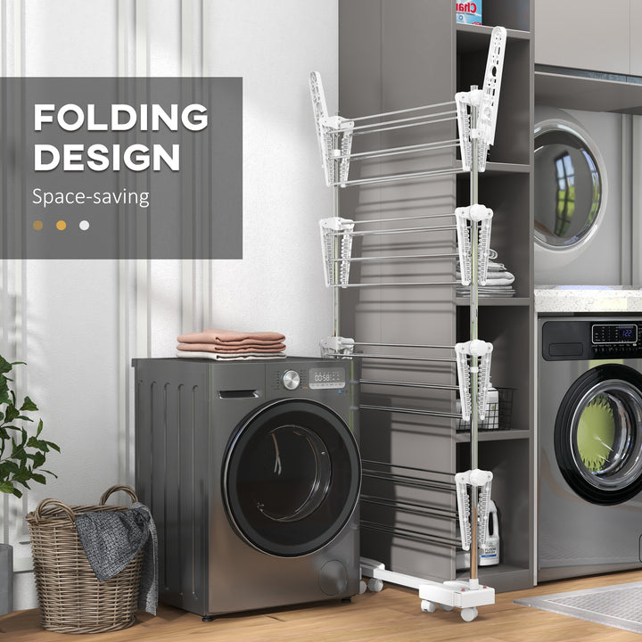 Four-Shelf Collapsing Clothes Horse, With Side Arms and Wheels - White