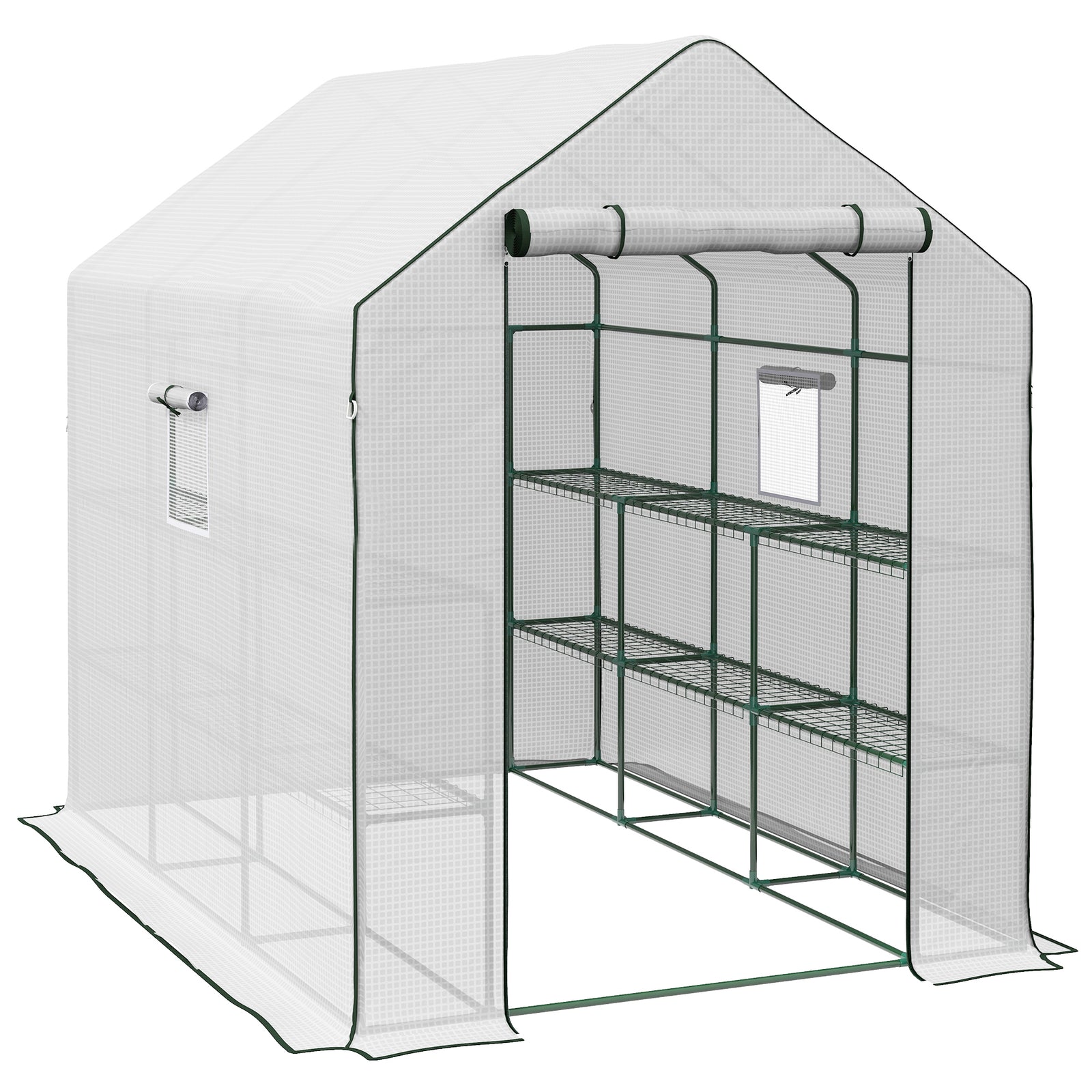Walk-in Greenhouse with 3 Tier 12 Shelves, Small Greenhouse with Reinforced PE Cover, Garden Plant Growhouse with Roll-up Door and Three Mesh Windows, 140 x 213 x 190 cm, White