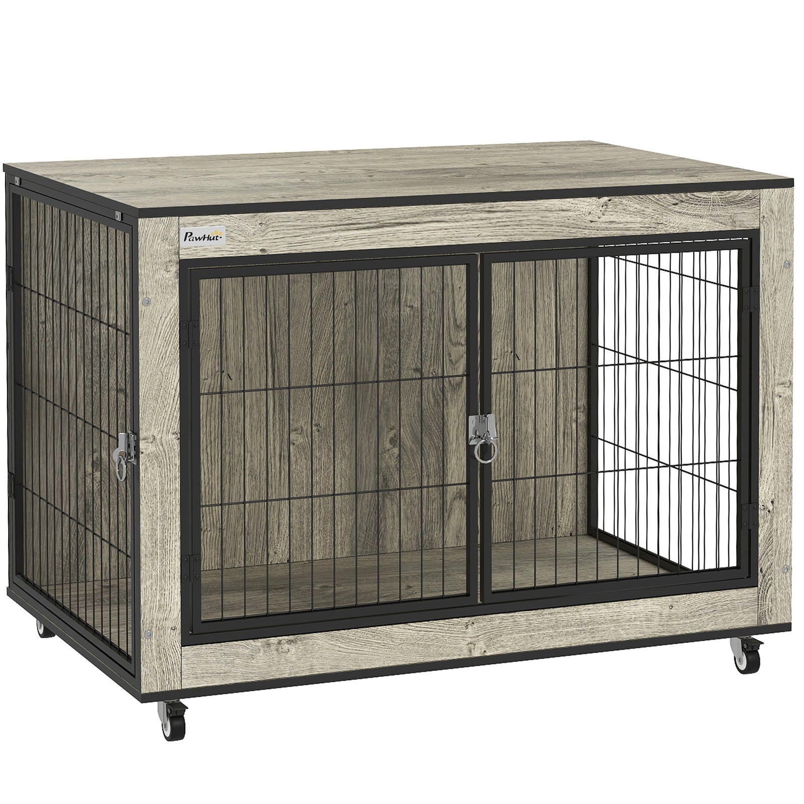 Dog Crate Furniture with Wheels, Double Doors, for Medium Dogs, Grey